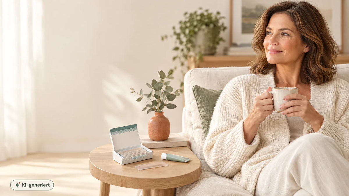 Frau im hellen Strickcardigan sitzt mit einer Tasse Tee entspannt auf dem Sofa, daneben auf einem Holztisch eine Packung transparenter Silikon-Narbenstreifen und eine Tube Pflegecreme