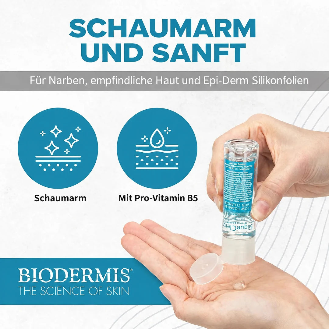 SilqueClenz Reiniger wird aus der Flasche in die Hand gegeben, schaumarm und mit Pro-Vitamin B5