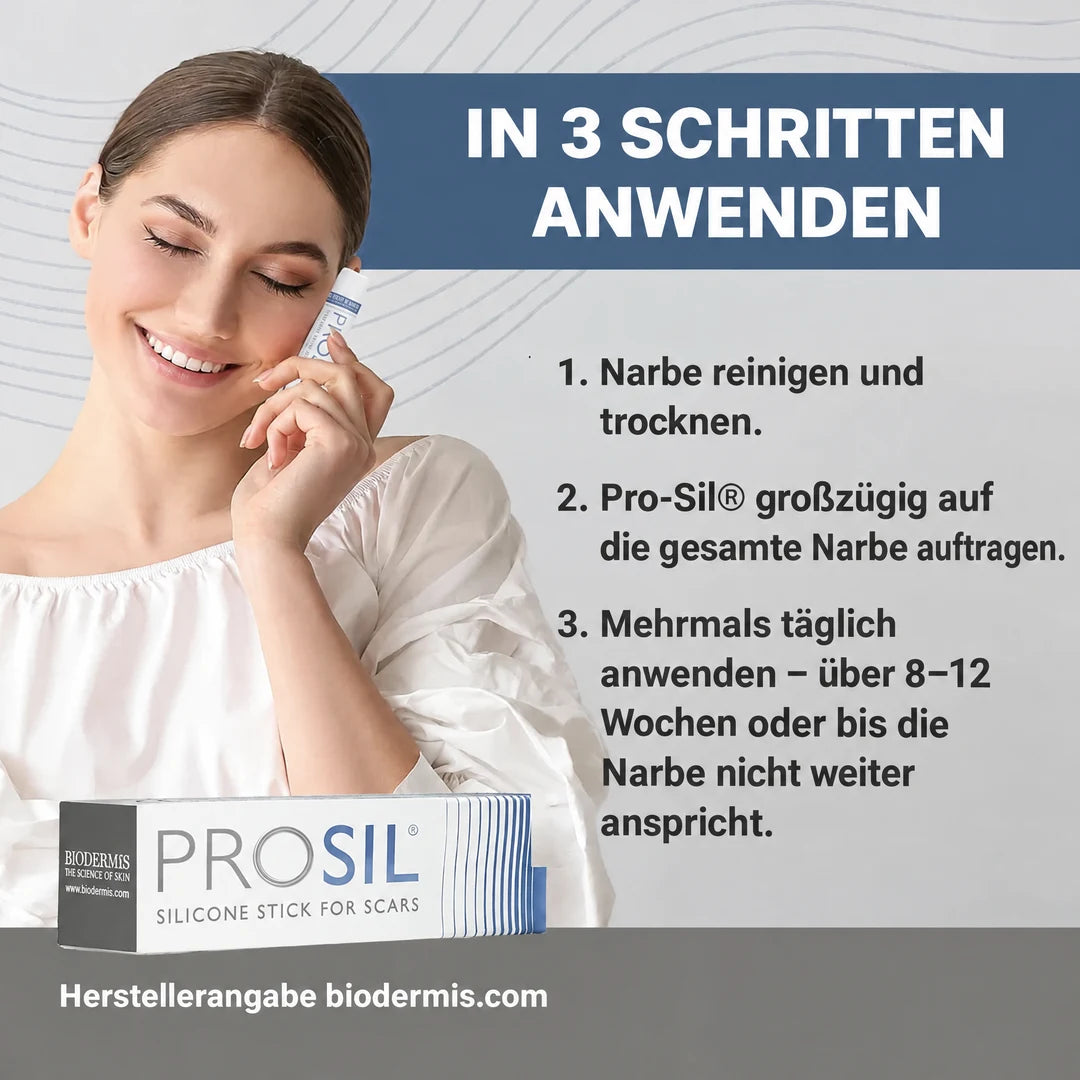 Anwendung von Pro-Sil in drei Schritten: Narbe reinigen und trocknen, Stift großzügig auftragen, mehrmals täglich über 8 bis 12 Wochen anwenden