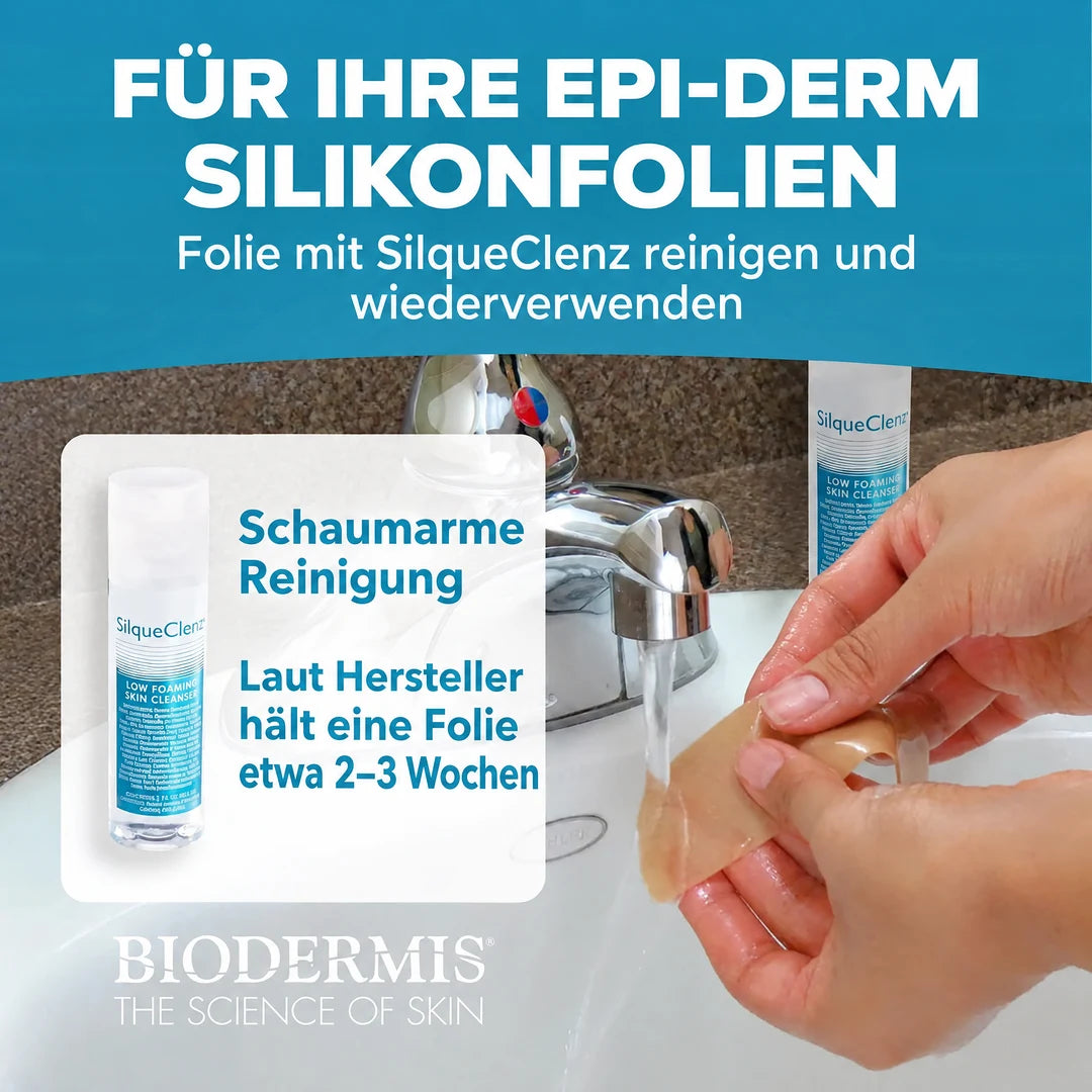Epi-Derm Silikonfolie wird unter fließendem Wasser mit SilqueClenz gereinigt und kann wiederverwendet werden