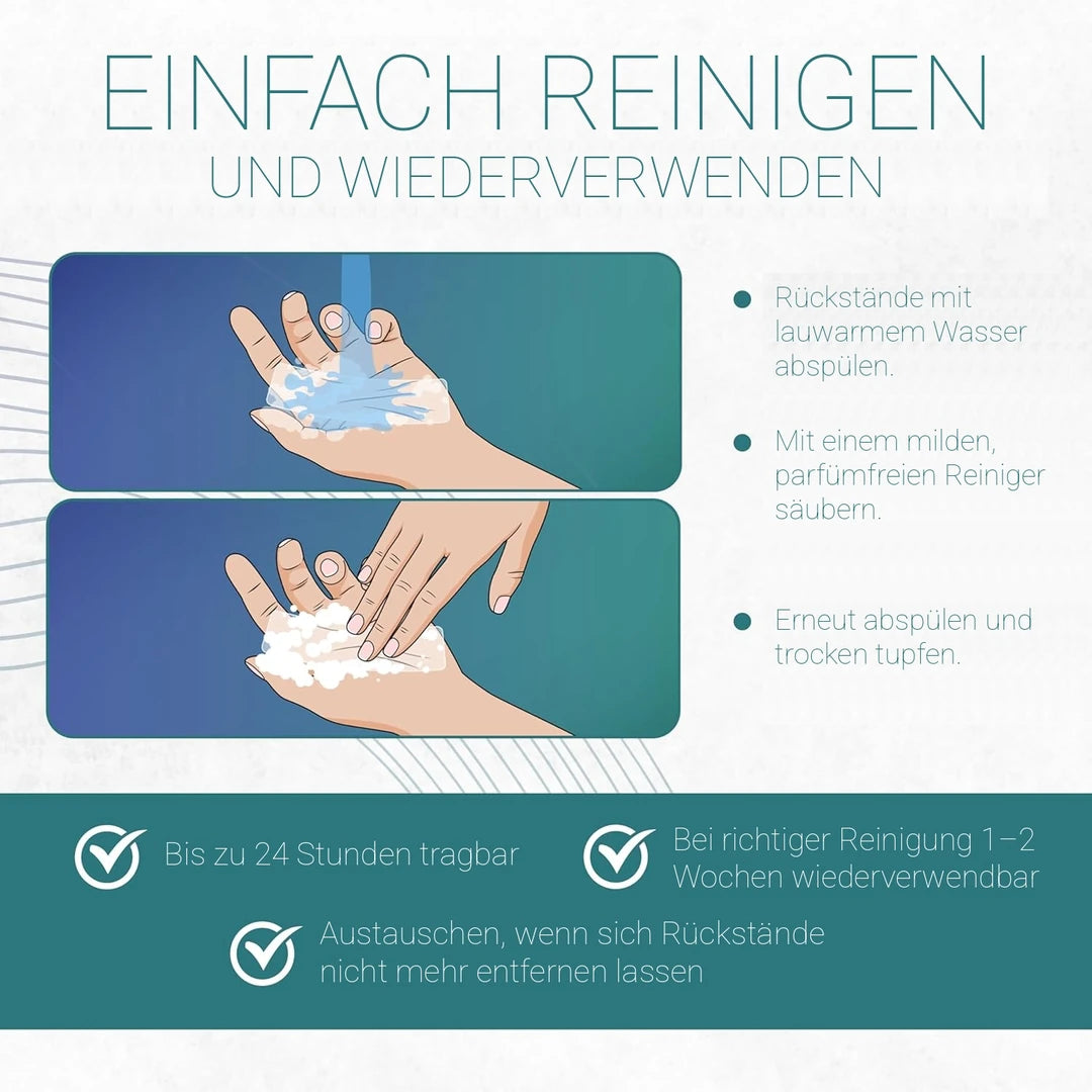 Reinigung und Wiederverwendung von Epiderm Silikonfolien: abspülen, mild reinigen, trocken tupfen