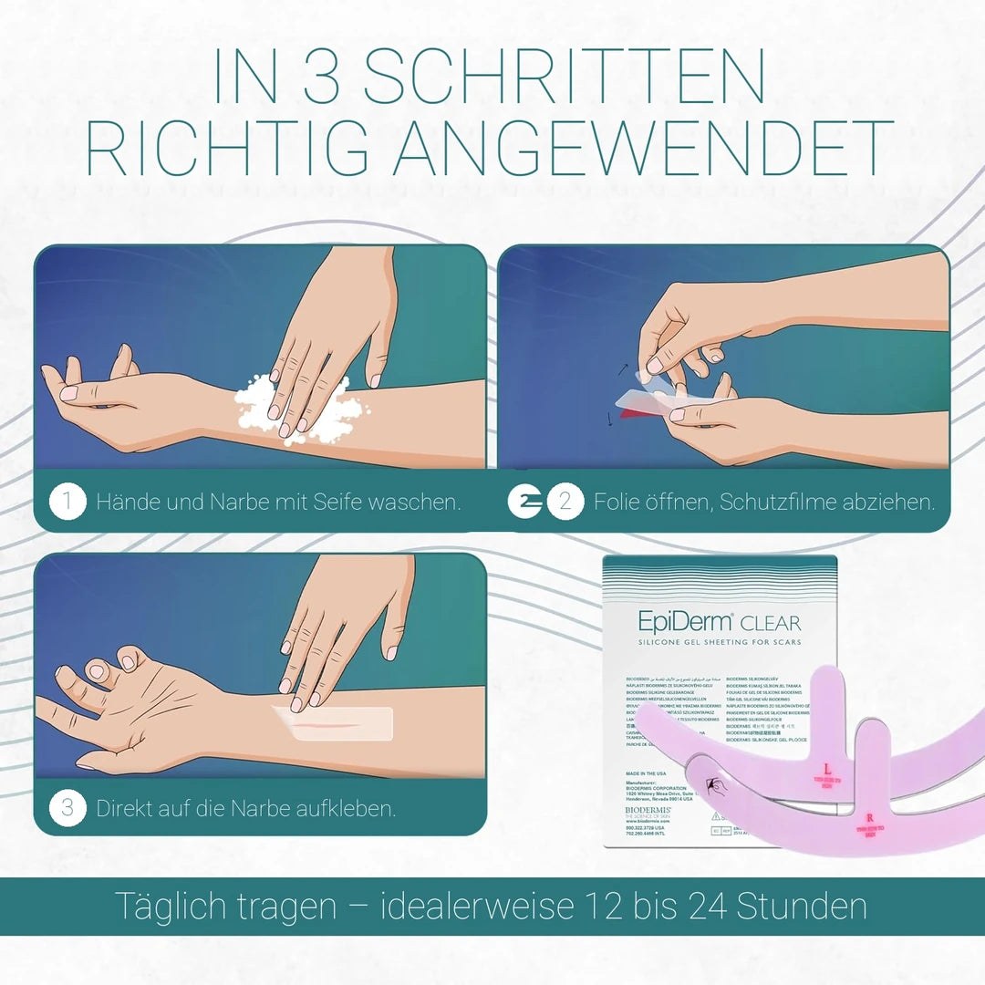 Anwendung des Epiderm Clear Mastopexie Narbenpflasters in drei Schritten: waschen, Schutzfilm abziehen, aufkleben