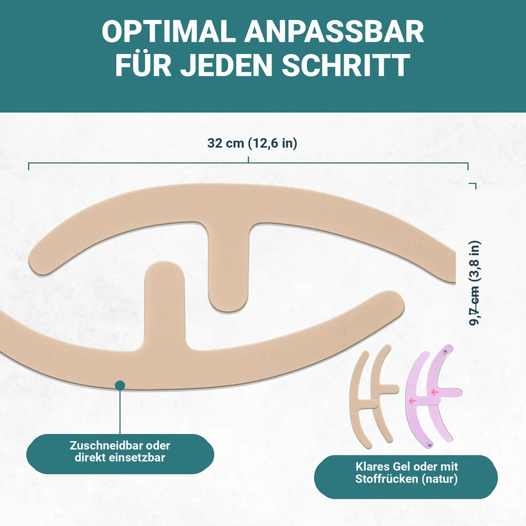 Ankerförmiges Epiderm Natural Silikonpflaster mit Maßangaben 32 x 9,7 cm, zuschneidbar, erhältlich als klares Gel oder mit Stoffrücken
