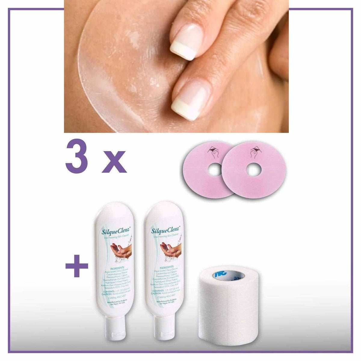 Inhalt Narbenpflaster-Set Areola EpiDerm Clear: runde transparente Areola-Pflaster, zwei Flaschen SilqueClenz und Fixierband, oben Anwendung an der Brust