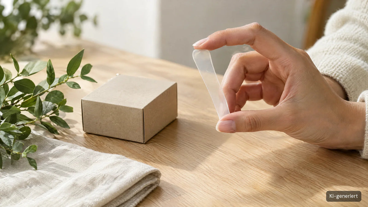 Hand mit transparentem Silikon-Narbenpflaster, daneben Verpackung und Pflanze (KI-generiert)