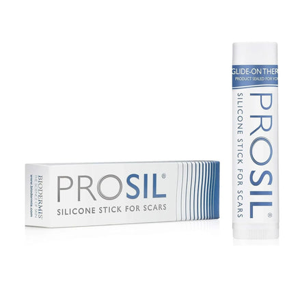 Pro-Sil Silikon Stick für Narben, 17 g, Stift und Faltschachtel von Biodermis vor weißem Hintergrund