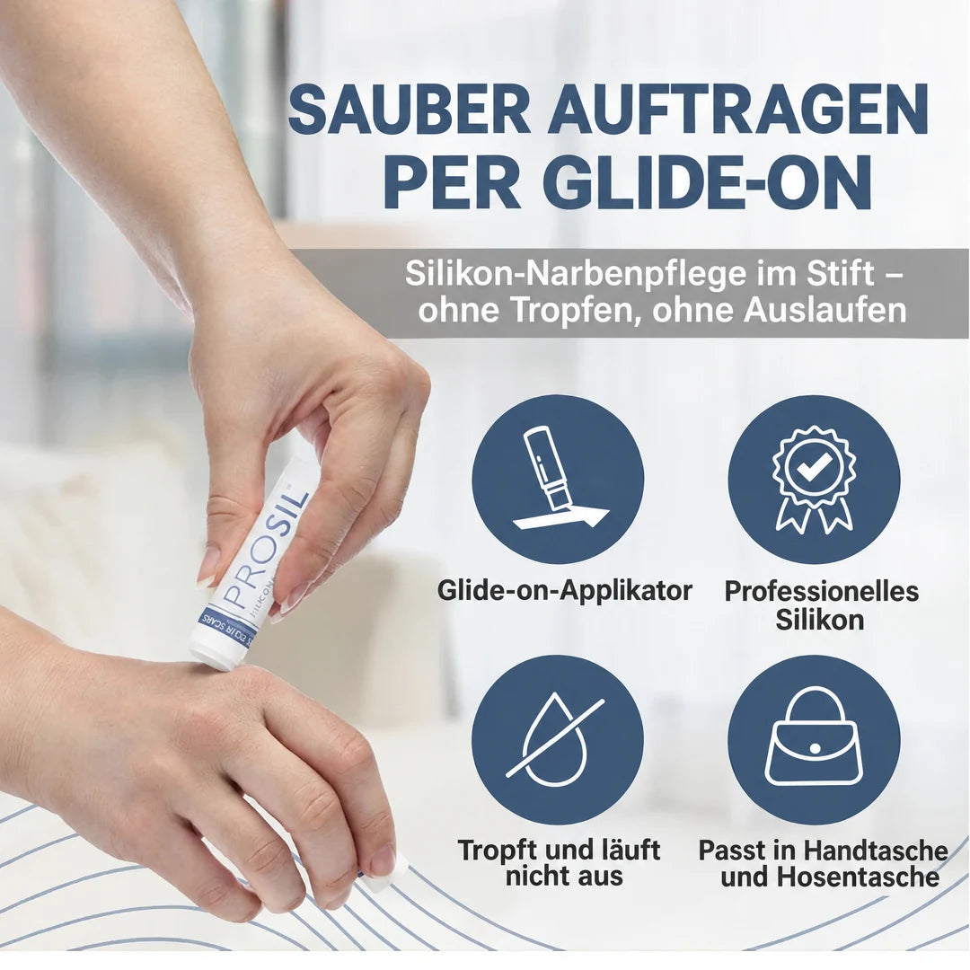Pro-Sil Silikon Stick wird per Glide-on-Applikator auf eine Narbe am Handgelenk aufgetragen
