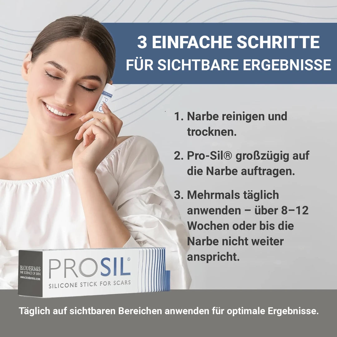 Anwendung von Pro-Sil in drei Schritten: Narbe reinigen, Stick auftragen, mehrmals täglich wiederholen