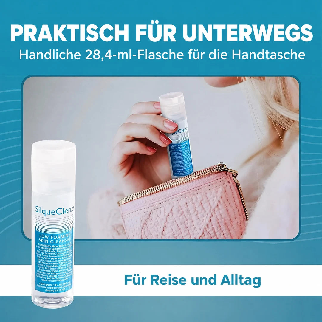 SilqueClenz Reiniger in der handlichen 28,4-ml-Flasche wird in eine Handtasche gesteckt