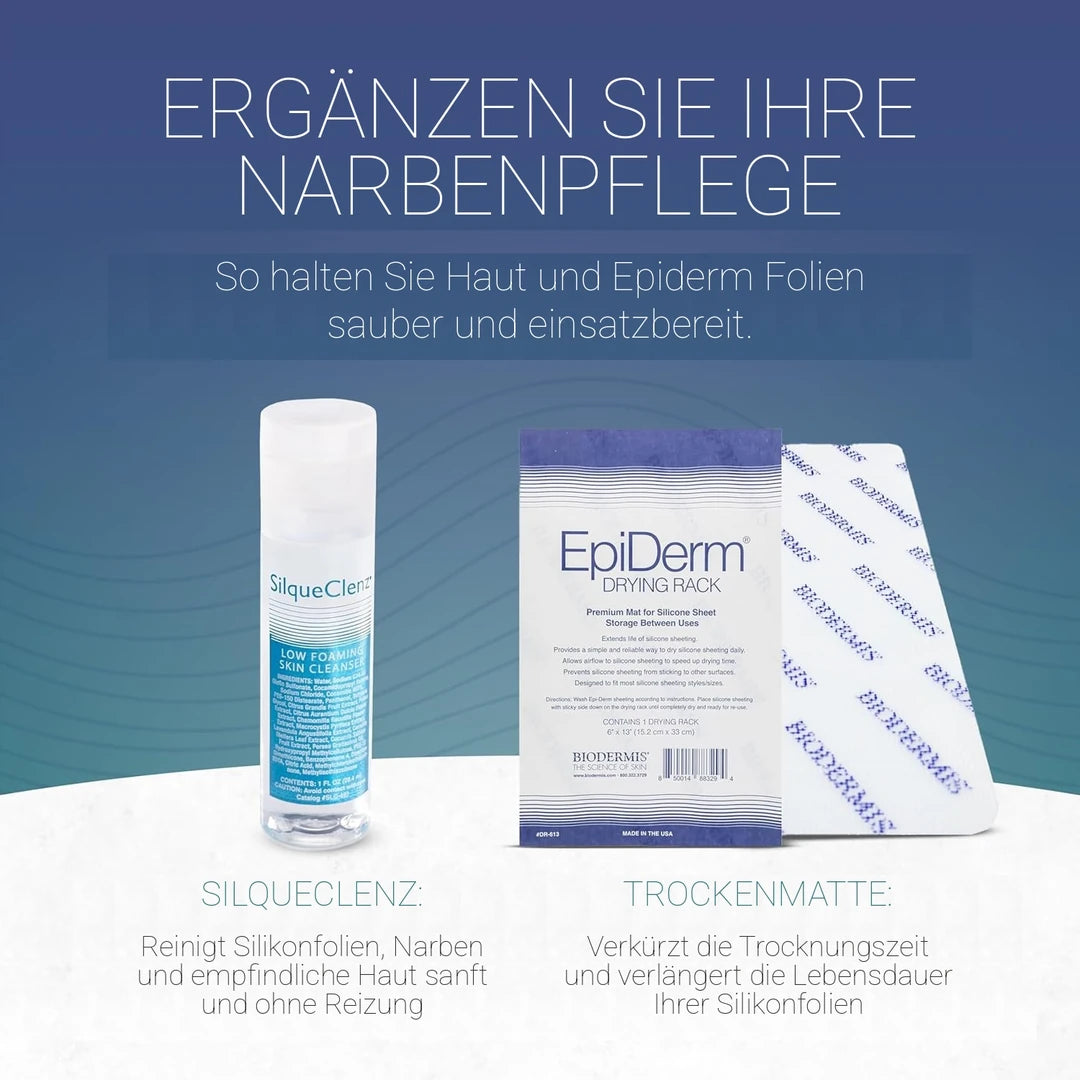SilqueClenz Reiniger und Epiderm Trockenmatte als Zubehör zur Pflege von Silikon-Narbenpflastern