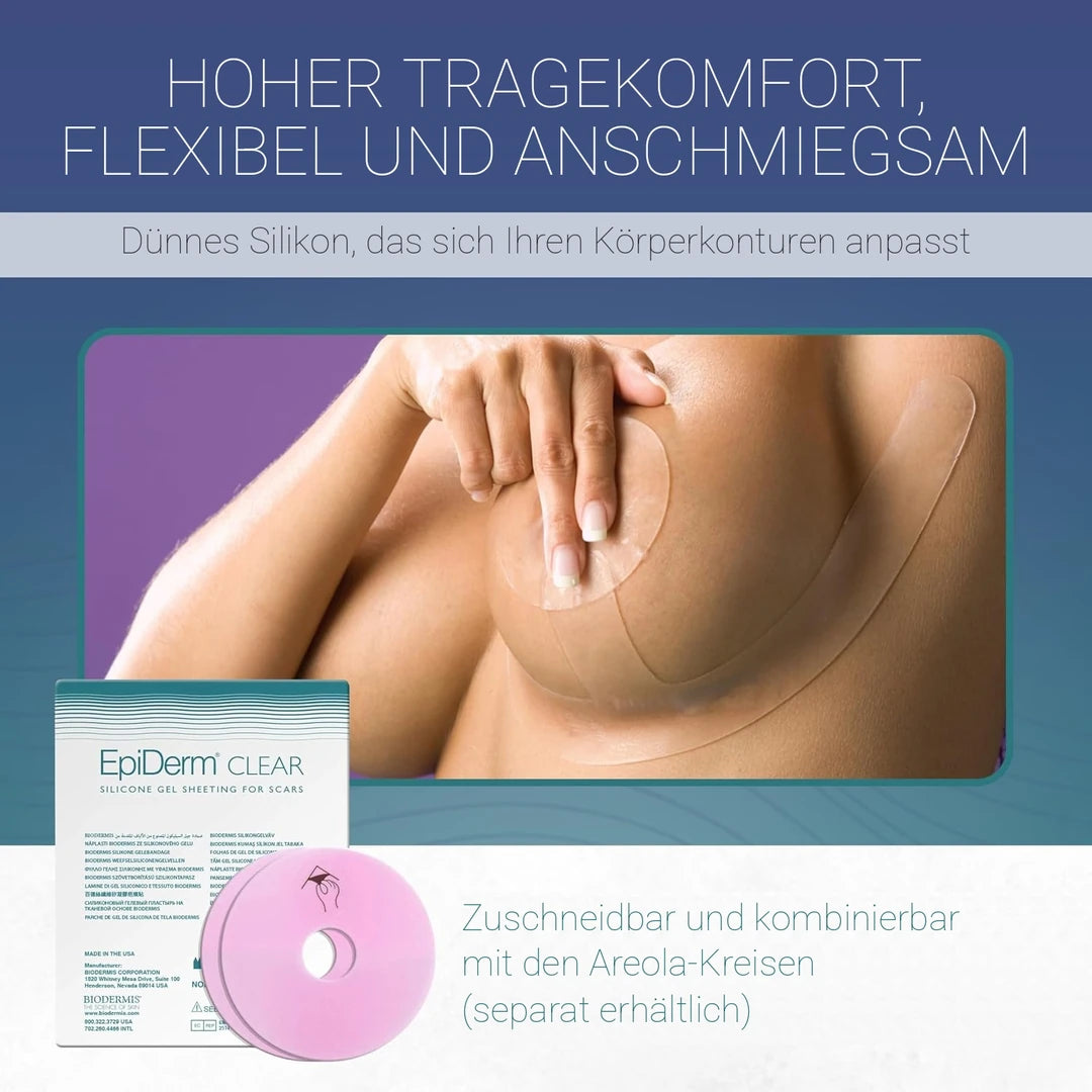Dünne Epiderm Clear Silikonfolie wird auf die Brustnarbe aufgelegt, daneben Verpackung und Areola-Kreise