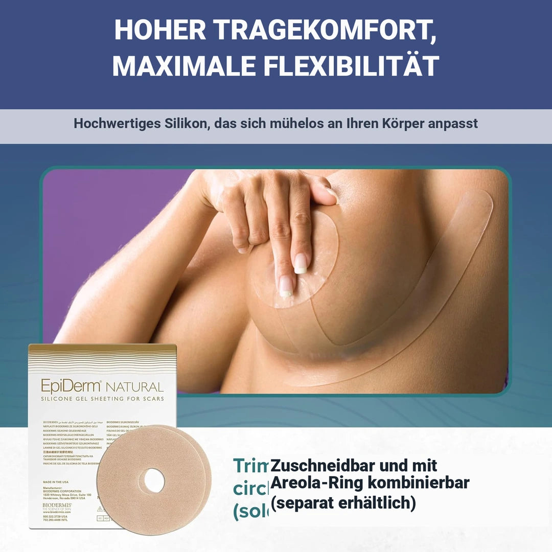 Zuschneidbares Epiderm Natural Silikonpflaster wird auf die Brust aufgetragen, kombinierbar mit separat erhältlichem Areola-Ring